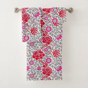 Jacobean Floral , Deep Red Pink and Grey Bath Towel Set