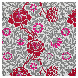 Jacobean Floral , Deep Red Pink and Grey Fabric