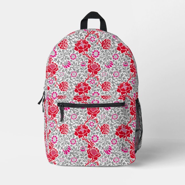 Jacobean Floral, Deep Red, Pink and Grey Printed Backpack (Front)