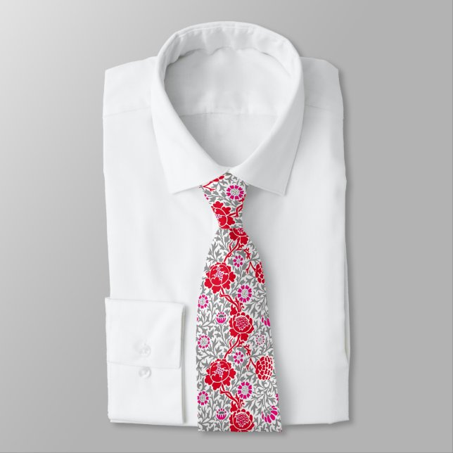 Jacobean Floral, Deep Red, Pink and Grey Tie (Tied)