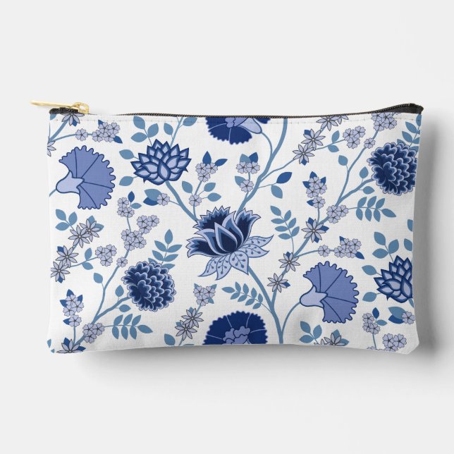 Jacobean Floral Lg Pattern Blue on White Accessory Pouch (Front)