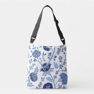 Jacobean Floral Lg Pattern Blue on White Crossbody Bag