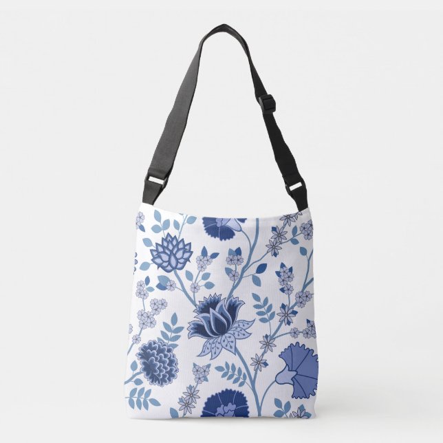 Jacobean Floral Lg Pattern Blue on White Crossbody Bag (Front)