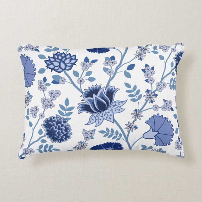 Jacobean Floral Lg Pattern Blue on White Decorative Cushion (Front)