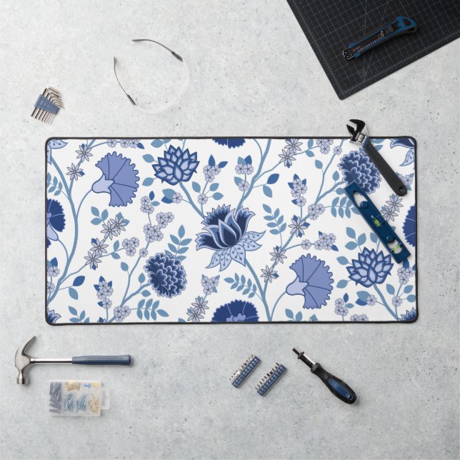 Jacobean Floral Lg Pattern Blue on White Desk Mat (Workstation)