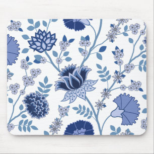 Jacobean Floral Lg Pattern Blue on White Mouse Mat