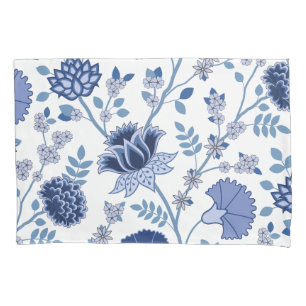 Jacobean Floral Lg Pattern Blue on White Pillowcase