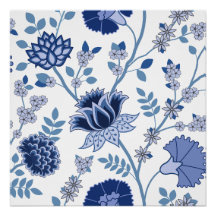 Jacobean Floral Lg Pattern Blue on White