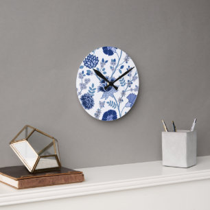 Jacobean Floral Lg Pattern Blue on White Round Clock