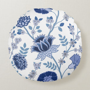 Jacobean Floral Lg Pattern Blue on White Round Cushion