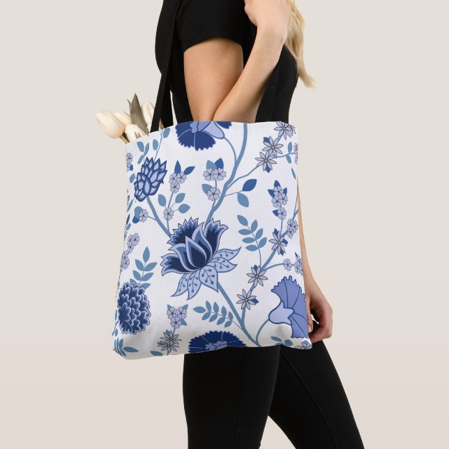 Jacobean Floral Lg Pattern Blue on White Tote Bag (Close Up)