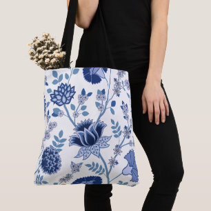 Jacobean Floral Lg Pattern Blue on White Tote Bag
