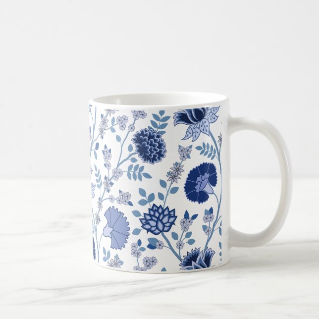Jacobean Floral Lg Pattern Blues on White Coffee Mug (Right)