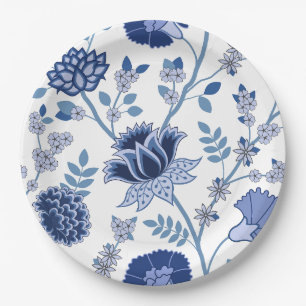Jacobean Floral Lg Pattern Blues on White Paper Plate
