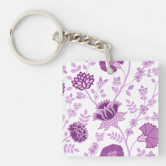 Jacobean Floral Lg Pattern Pinks on White Key Ring (Front)