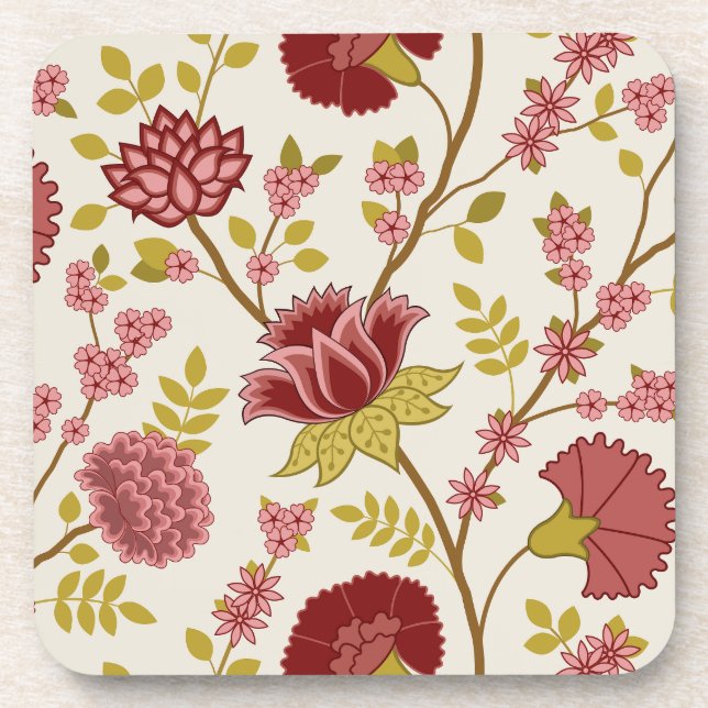 Jacobean Floral Lg Pattern Reds Pinks Gold Cream Coaster (Front)