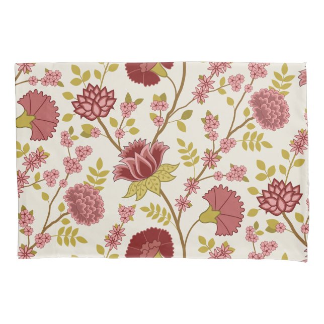 Jacobean Floral Lg Pattern Reds Pinks Gold Cream Pillowcase (Front-Left)