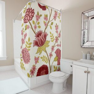 Jacobean Floral Lg Pattern Reds Pinks Gold Cream Shower Curtain