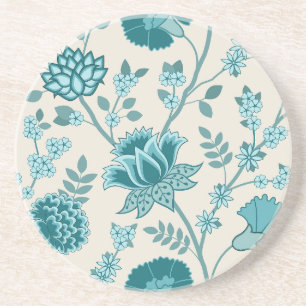 Jacobean Floral Lg Pattern Teals on Cream Coaster