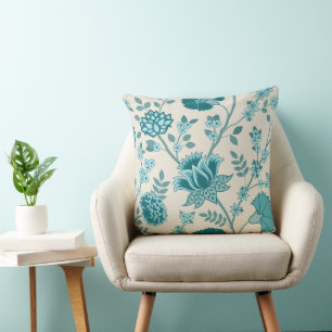 Jacobean Floral Lg Pattern Teals on Cream Cushion
