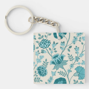 Jacobean Floral Lg Pattern Teals on Cream Key Ring