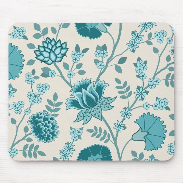 Jacobean Floral Lg Pattern Teals on Cream Mouse Mat (Front)