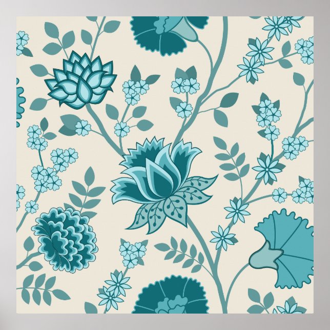 Jacobean Floral Lg Pattern Teals on Cream Poster (Front)