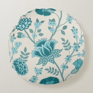 Jacobean Floral Lg Pattern Teals on Cream Round Cushion