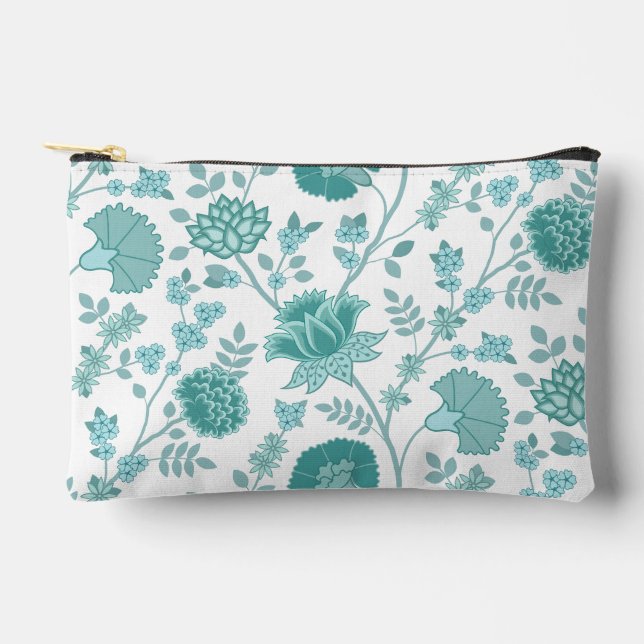 Jacobean Floral Lg Pattern Teals on White Accessory Pouch (Front)
