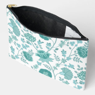 Jacobean Floral Lg Pattern Teals on White Accessory Pouch