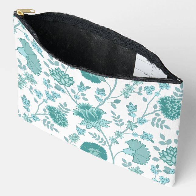 Jacobean Floral Lg Pattern Teals on White Accessory Pouch (Open)