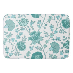 Jacobean Floral Lg Pattern Teals on White Bath Mat