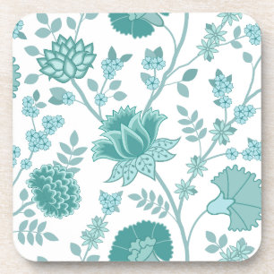 Jacobean Floral Lg Pattern Teals on White Coaster