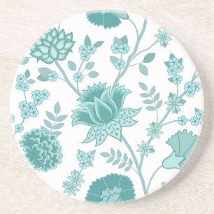 Jacobean Floral Lg Pattern Teals on White Coaster