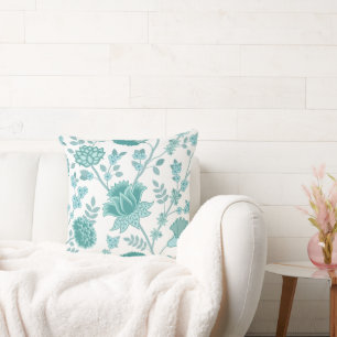 Jacobean Floral Lg Pattern Teals on White Cushion