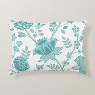 Jacobean Floral Lg Pattern Teals on White Decorative Cushion