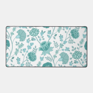 Jacobean Floral Lg Pattern Teals on White Desk Mat