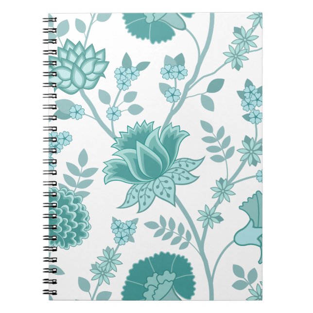 Jacobean Floral Lg Pattern Teals on White Notebook (Front)