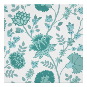 Jacobean Floral Lg Pattern Teals on White Poster