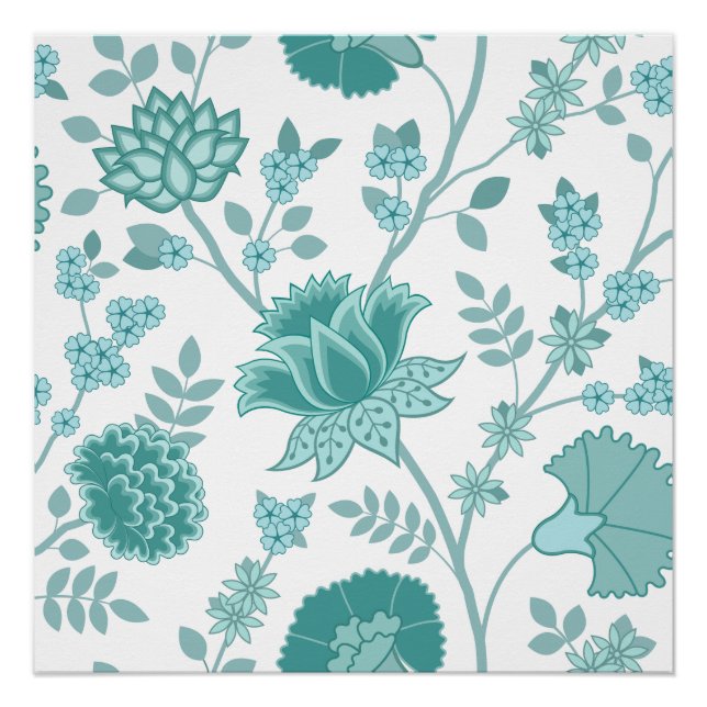 Jacobean Floral Lg Pattern Teals on White Poster (Front)
