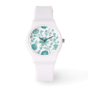 Jacobean Floral Lg Pattern Teals on White Watch