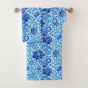 Jacobean Floral , Navy and Cerulean Blue Bath Towel Set