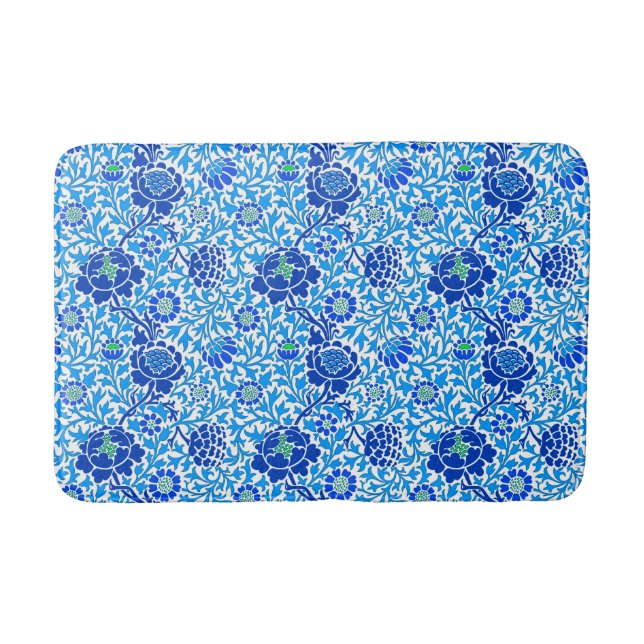 Jacobean Floral, Navy, White and Cerulean Blue Bath Mat (Front)