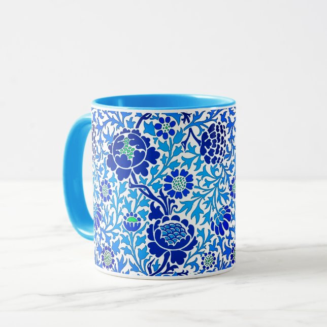 Jacobean Floral, Navy, White and Cerulean Blue Mug (Front Left)