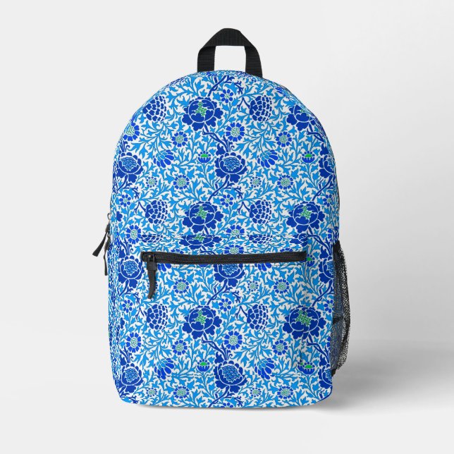 Jacobean Floral, Navy, White and Cerulean Blue Printed Backpack (Front)