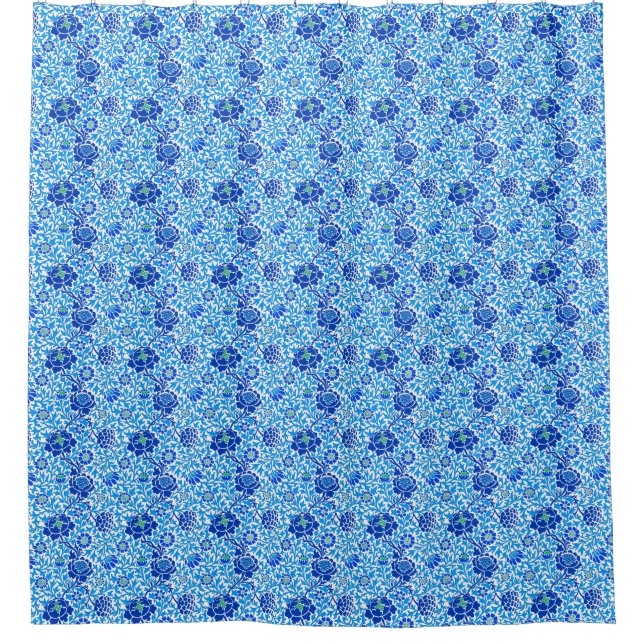 Jacobean Floral, Navy, White and Cerulean Blue Shower Curtain (Front)