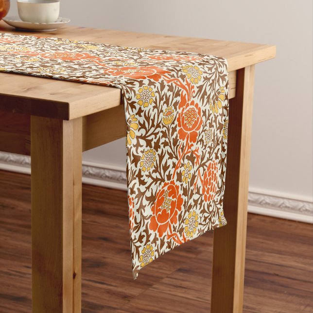 Jacobean Floral , Orange Brown & Mustard Gold Short Table Runner (In Situ)