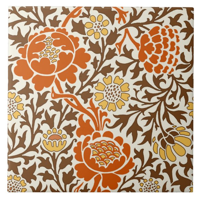 Jacobean Floral , Orange Brown & Mustard Gold Tile (Front)