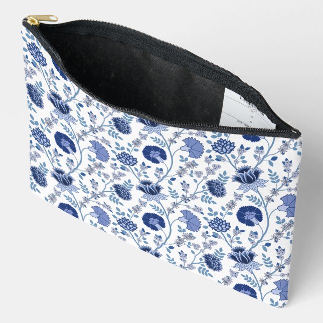 Jacobean Floral Pattern Blues on White Accessory Pouch (Open)