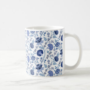 Jacobean Floral Pattern Blues on White Coffee Mug